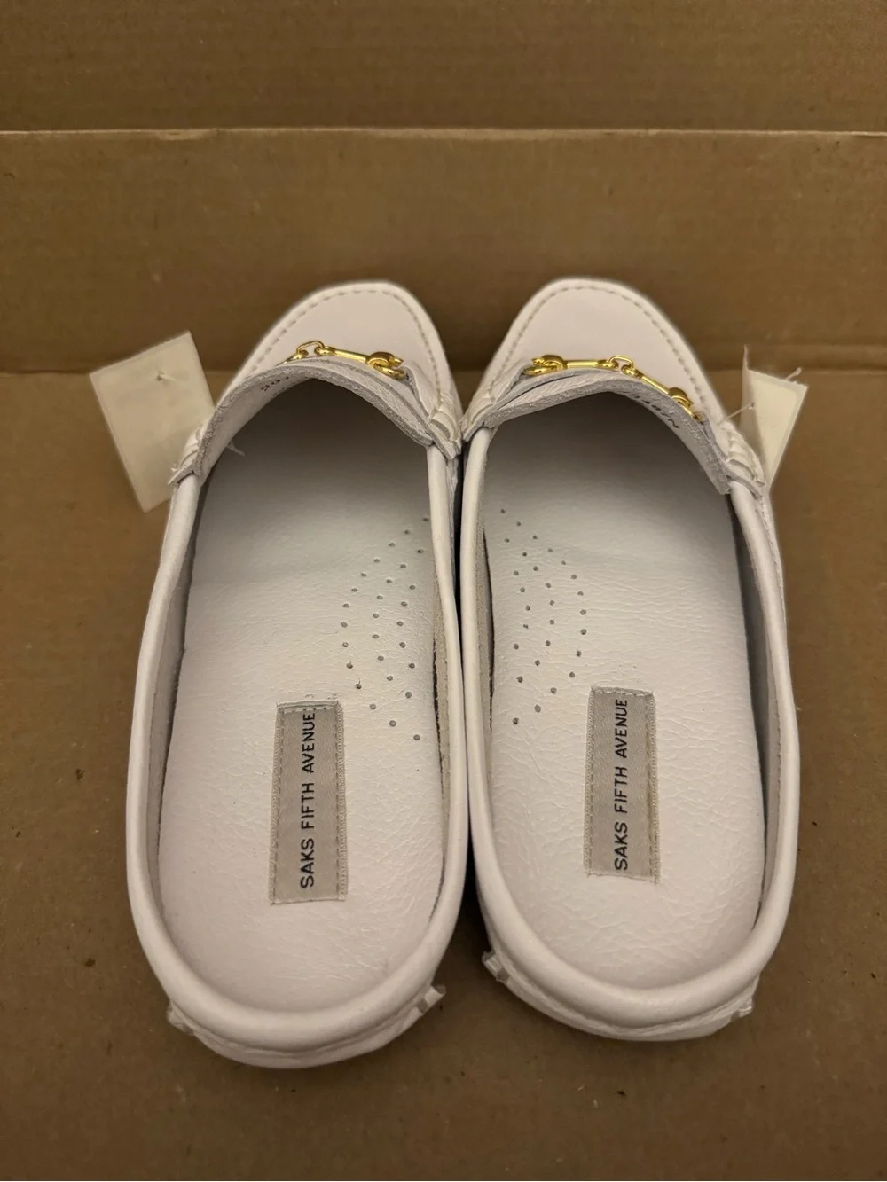 Saks Fifth Avenue Genuine Leather Backless White Slip-On Loafers Shoes 7B NWT
